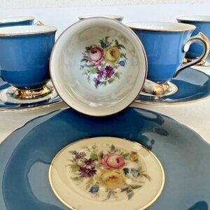 Set 6 Vintage KPM Royal Ivory Floral Turquoise Blue Demitasse Saucer 6 Pc